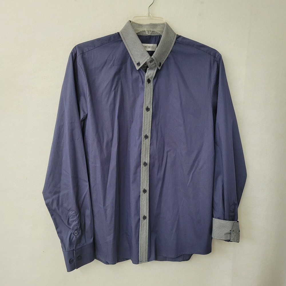 Tomsware Button Down Shirt Men Large Navy Blue Houndstooth Contrast Trim Stretch